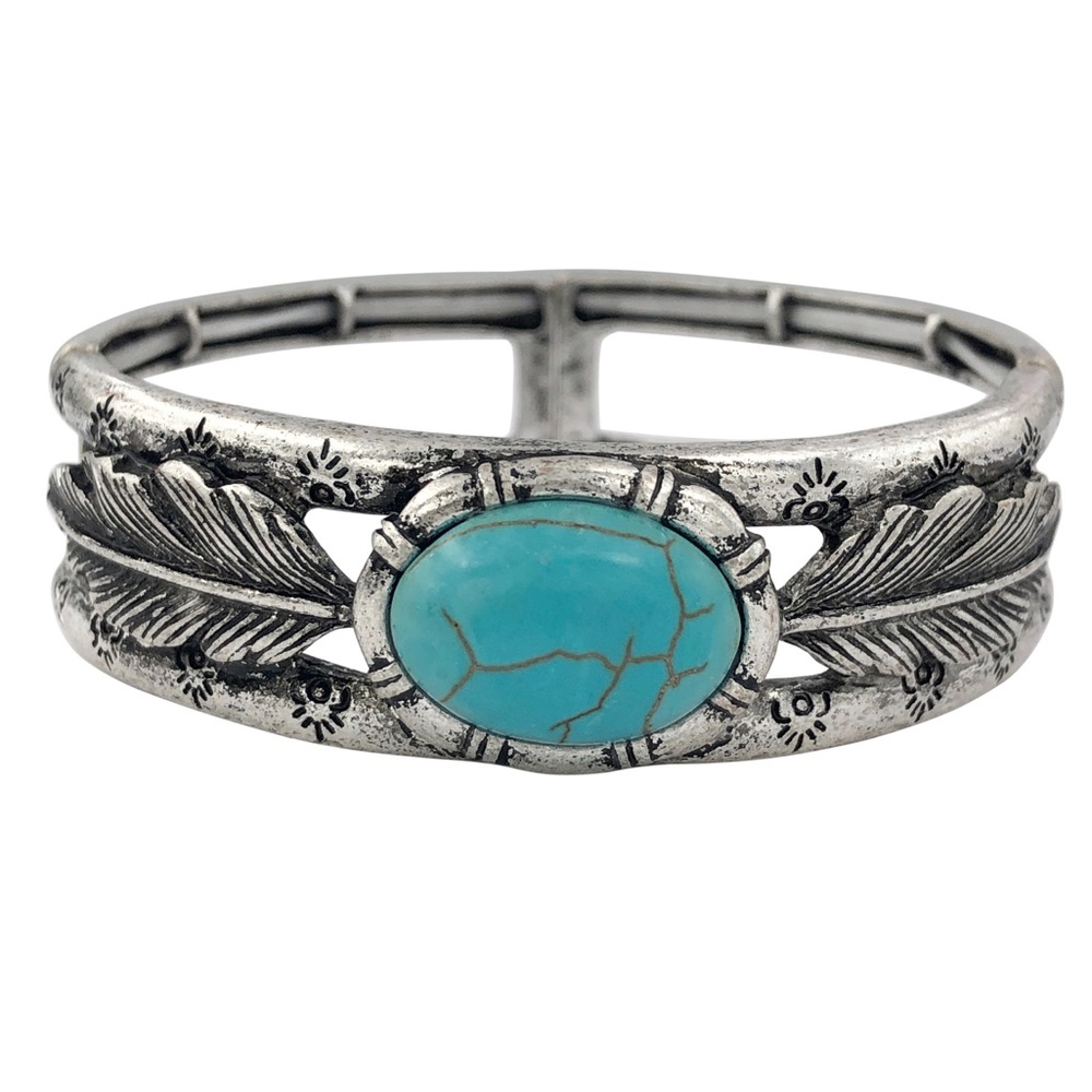 Turquoise Stone Feather Western Tribal Style Rustic Silver Stretch Bracelet